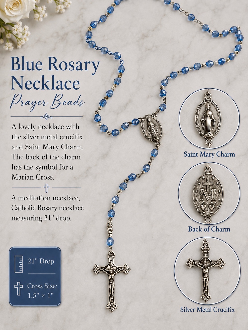 Vintage Blue Bead Rosary Necklace with Silver-Tone Crucifix